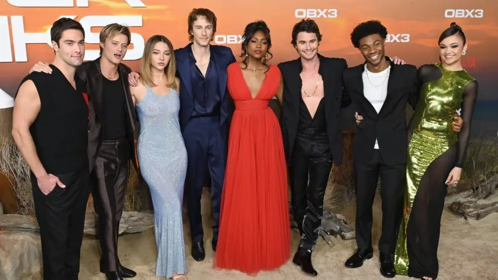 Austin North^ Rudy Pankow^ Madelyn Cline^ Drew Starkey^ Carlacia Grant^ Chase Stokes^ Jonathan Daviss and Madison Bailey at the season 3 premiere for "Outer Banks" LOS ANGELES^ CA. February 16^ 2023
