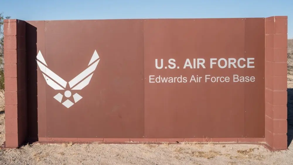 Edwards Air Force base welcome sign. LANCASTER^ CALIFORNIA^ USA - DECEMBER 17^ 2016
