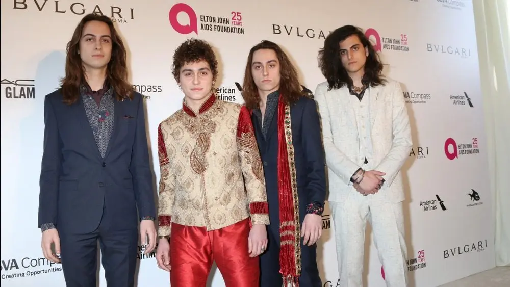 Sam Kiszka^ Josh Kiszka^ Jake Kiszka^ Danny Wagner^ Greta Van Fleet at the 2018 Elton John Oscar Viewing Party at the West Hollywood Park on March 4^ 2018 in West Hollywood^ CA