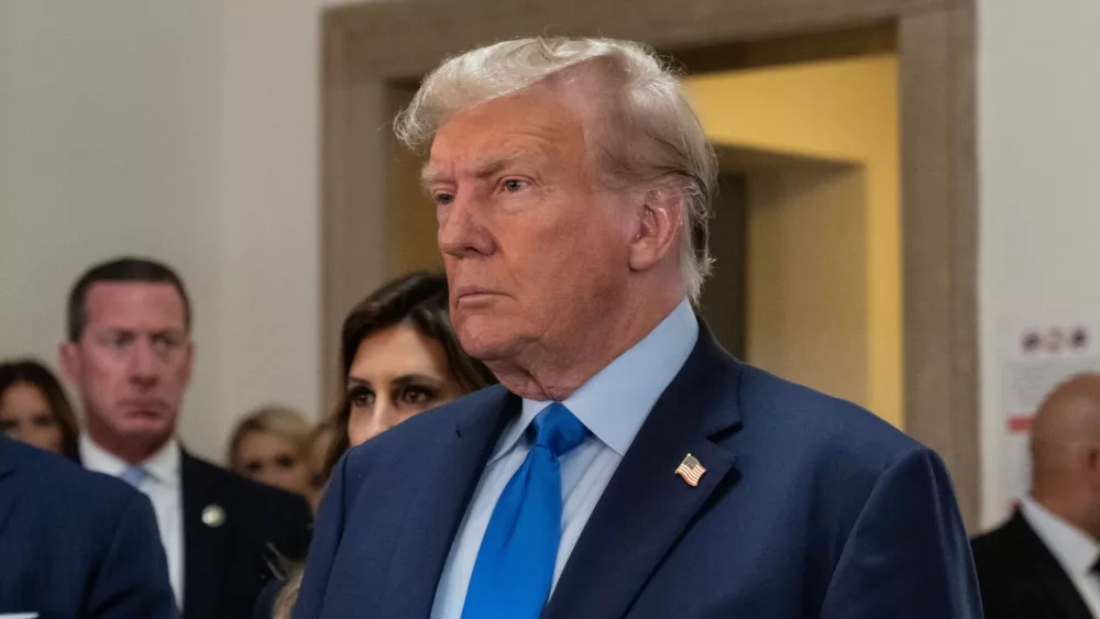 Former President Donald Trump speaks to press before the start of civil fraud trial at NYS court in New York on October 2^ 2023