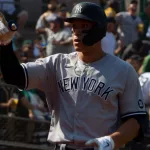 Aaron Judge #99 of the New York Yankees celebrates after hitting a home run against the Oakland Athletics at RingCentral Coliseum. Oakland^ California - August 28^ 2021