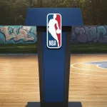 nba blue stand podium with microphone stand standing in the middle of basketball court in city park metro manila