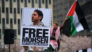 Rally for student activist Mohsen Mahdawi following his arrest by ICE agents across from the ICE Manhattan headquarters. NEW YORK^ NEW YORK USA - April 15^ 2025