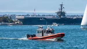 A photo of a U.S. Coast Guard cutter boat in the Tuna Harbor area. SAN DIEGO^ CA/U.S.A. - AUGUST 17^ 2019