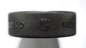 Official game puck from NHL^ National hockey league^ USA.MOTALA^ SWEDEN- 8 FEBRUARY 2022