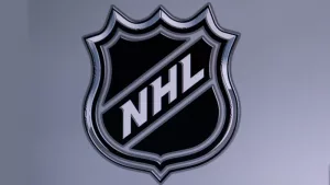 National Hockey League. Logo of NHL club on the screen.