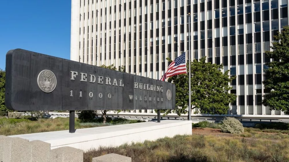 Federal Building at 11000 Wilshire Boulevard in Los Angeles^ California^ USA^ home to the FBI^ Veterans Affair offices and the Los Angeles Passport Agency. Los Angeles^ California^ USA - July 6^ 2022