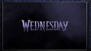 TV on black wall. TV screen playing Wednesday trailer or movie. Moscow^ Russia - December 5^ 2022.