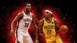 NBA Finals^ basketball players in Thunder and Pacers jerseys^ attacking pose. The scene is enhanced with red sparkling effects that glow as a backlight. The entire composition is set against a black background^ creating a striking contrast.