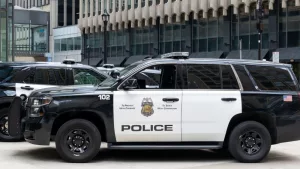 Minneapolis Police car in downtown Minneapolis^ Minnesota^ MN USA^ May 5^ 2023.