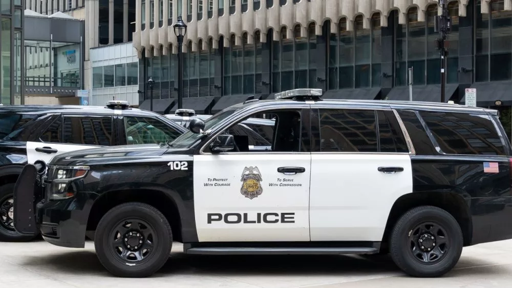 Minneapolis Police car in downtown Minneapolis^ Minnesota^ MN USA^ May 5^ 2023.