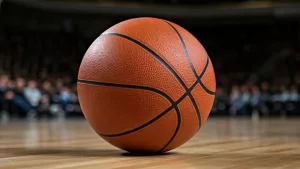Indoor photo of basketball on the basketball court^ no people^ no brand