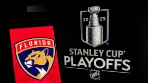 Toronto^ Canada -june 1 2025 he 2025 Stanley Cup Final will begin Wednesday^ June 4^ when the Edmonton Oilers host the defending champion Florida Panthers. Florida panther logo in front of stanley cup