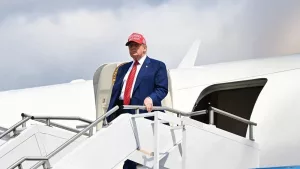 U.S. President Donald Trump arrives at Morristown Airport^ New Jersey^ on June 20^ 2025^ stepping off Air Force One en route to his Bedminster golf resort for a MAGA Inc. fundraising dinner.