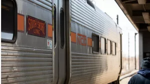 Train cars of the South Shore Line stop in Downtown Gary Indiana. Gary^ Indiana^ USA - March 28^ 2022