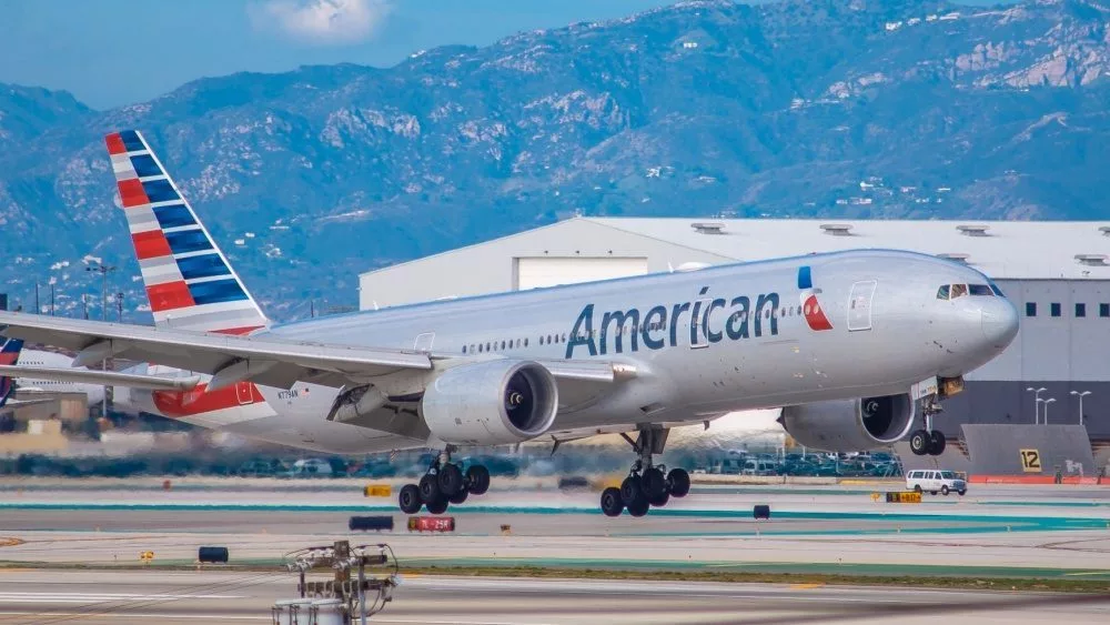American Airlines Boeing 777-200 touches down at LAX International Airport December 22nd^ 2019. Los Angeles^ California.