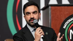 NY Assembly member Zohran Mamdani speaks at the city mayoral candidates forum held by Reverend Al Sharpton at 2025 annual NAN Convention at Sheraton Times Square. New York^ NY - April 3^ 2025