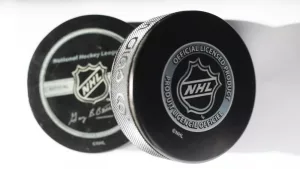 Official game puck from NHL^ National hockey league^ USA. MOTALA^ SWEDEN- 8 FEBRUARY 2022
