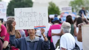 Several hundred protesters rally at the Supreme Court against president Trump's illegal executive order to make birthright citizenship conditional.Washington^ DC – May 15^ 2025:
