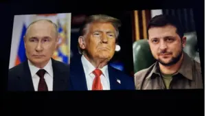 Images of US President Donald Trump^ Volodymyr Zelenskyy and Vladimir Putin side by side