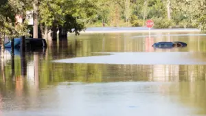 Cars submerged underwater in the aftermath of Hurricane Ida. New Brunswick^ New Jersey - September 2^ 2021