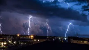 Four lightning bolt strike during a thunderstorm on Long Beach Island^ NJ.