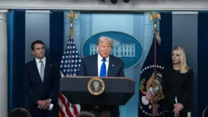 President Donald Trump as a press briefing in the White House press briefing room with at Pam Bondi United States Attorney General in Washington DC jun 27th 2025