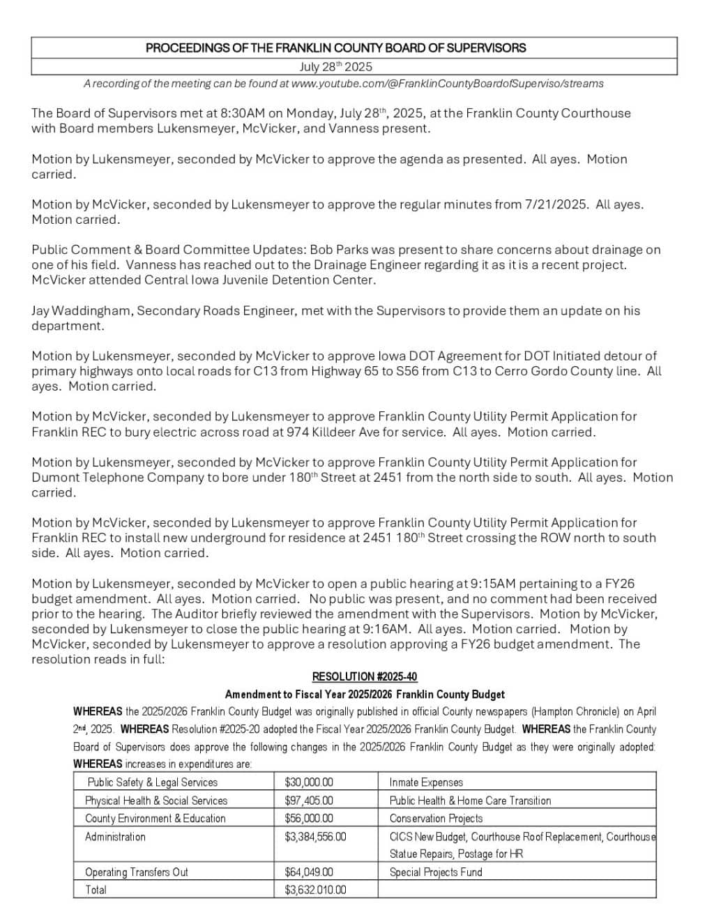 Budget amendment approved by the Franklin Supervisors | RadioOnTheGo.com