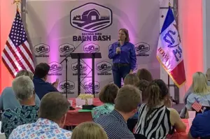 Iowa Attorney General Brenna Bird speaks at a campaign fundraiser in Adel on August 2, 2025. (RI photo)