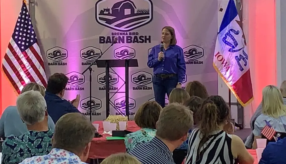 Iowa Attorney General Brenna Bird speaks at a campaign fundraiser in Adel on August 2, 2025. (RI photo)