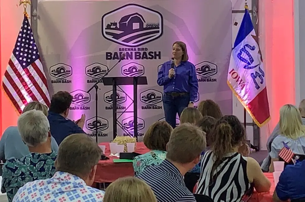 Iowa Attorney General Brenna Bird speaks at a campaign fundraiser in Adel on August 2, 2025. (RI photo)