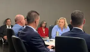 Iowa DOGE task force chair Emily Schmitt, chief administrative officer and general counsel for Sukup Manufacturing, speaks during Aug. 6, 2025 task force meeting (RI photo)