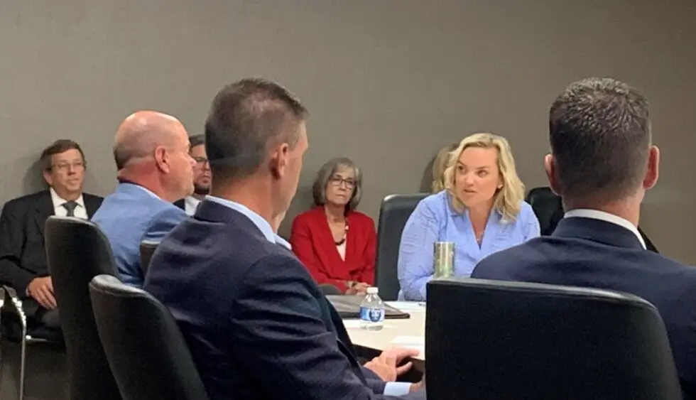 Iowa DOGE task force chair Emily Schmitt, chief administrative officer and general counsel for Sukup Manufacturing, speaks during Aug. 6, 2025 task force meeting (RI photo)