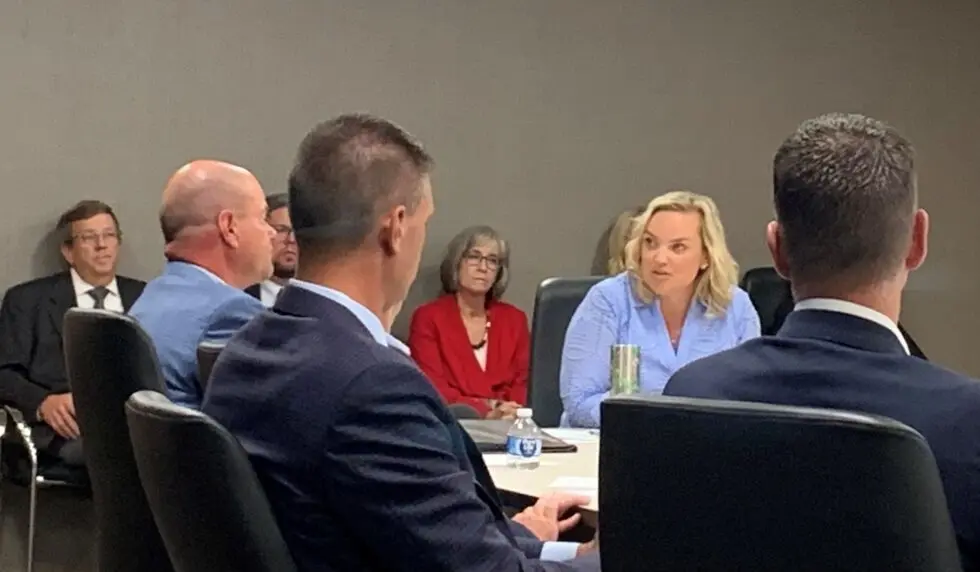 Iowa DOGE task force chair Emily Schmitt, chief administrative officer and general counsel for Sukup Manufacturing, speaks during Aug. 6, 2025 task force meeting (RI photo)