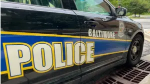 Baltimore Maryland police department sign on police cruiser BALTIMORE^ MARYLAND - JULY 29^ 2023