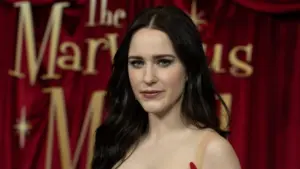 Rachel Brosnahan wearing dress by Georges Hobeika attends Amazon Prime Video's "The Marvelous Mrs. Maisel" Season 5 Premiere at The Standard Highline in New York on April 11^ 2023