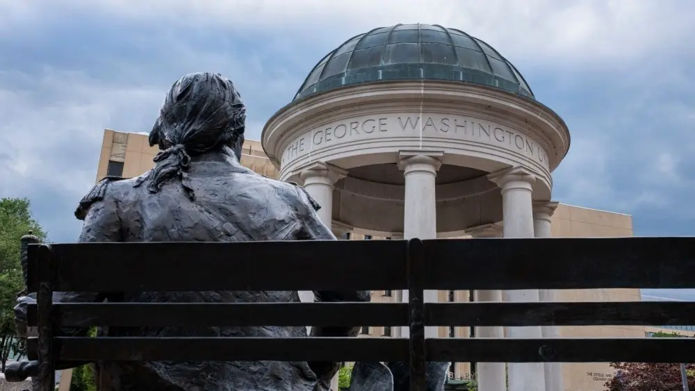 The George Washington University Foggy Bottom Campus is seen in Washington^ DC^ on May 23^ 2025. The University has been a part of the Foggy Bottom neighborhood since 1912.