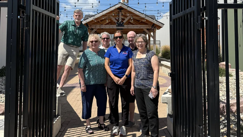 Main Street accreditation visit stops at Peace Plaza in Hampton on Wednesday (Aug. 13). Picture L to R; Jim Davies, Mardell Sidmore-Van Kleeck, Dale Schirmer, Elisa Van Wert, Terry Carr, Amy Miller (Main Street America)