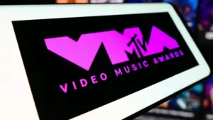 Mobile phone with logo of award show MTV Video Music Awards (VMA) in front of website. Focus on center-left of phone display. Stuttgart^ Germany - 03-19-2024