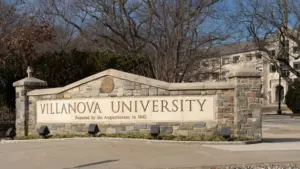 Villanova^ Pennsylvania: January 1^ 2022: Entrance Sign to Villanovia University. Villanovia is a private research university near Philadelphia^ Pennsylvania.