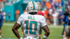 Tyreek Hill (10) (Miami Dolphins starting WR) stands on the sideline during pregame warmup. Miami Dolphins vs. NY Giants at HardRock Stadium. Miami Gardens^ FLUSA - October 08^ 2023