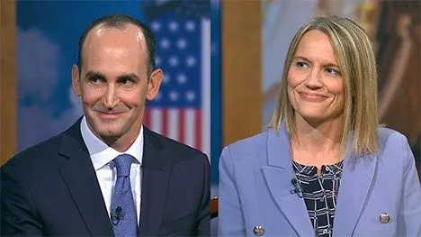 Iowa Business Council's Joe Murphy and Nicole Crain of Iowa Association of Business and Industry on the "Iowa Press" set on Sept. 5, 2025. (Iowa PBS photo)