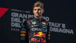 Max Verstappen of the Netherlands and Oracle Red Bull Racing on the podium during Formula One Emilia Romagna Grand Prix Autodromo Enzo e Dino Ferrari^ Imola^ Italy. 18.May.2025