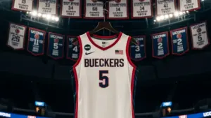 Former UCONN standout Paige Bueckers jersey #5 hanging in the Uconn arena