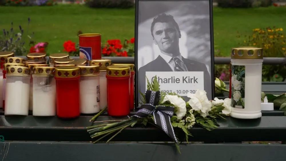Makeshift memorial for Charlie Kirk at the Embassy of the United States of America on Pariser Platz in Berlin Berlin^ Germany - September 12^ 2025