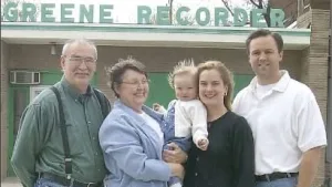 Photo courtesy Greene Recorder: Fred & Sylvia Hawker with Sarah and Ross Hawker and daughter (Lauren) when Ross and Sarah purchased The Recorder.
