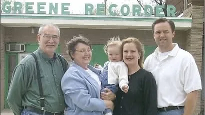 Photo courtesy Greene Recorder: Fred & Sylvia Hawker with Sarah and Ross Hawker and daughter (Lauren) when Ross and Sarah purchased The Recorder.