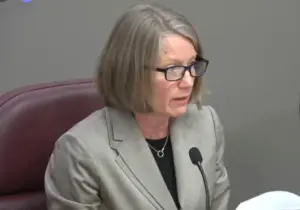 Des Moines School Board President Jackie Norris at board meeting earlier this week. Photo courtesy Radio Iowa.