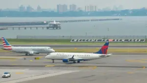 : Delta Airlines and American Eagle planes seen at the runway of LaGuardia International Airport. Manhattan^ New York^ USA - August 5^ 2025
