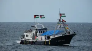 The Global Sumud Flotilla departs from the harbor heading to Gaza leading vessel of the flotilla. Portopalo di Capo Passero^ Sicily^ Italy^ 19 September 2025